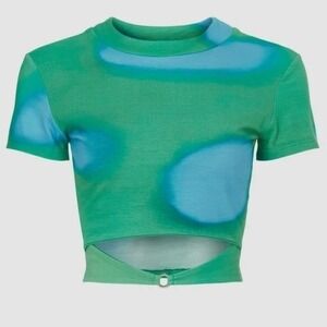 Arthur Crop Top Women's Size 2 Blue Green Abstract Ring Cut Out Short Sleeve EUC